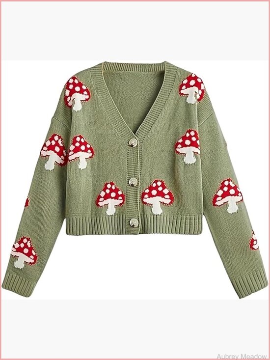 Sweaters - Cute Mushroom Cardigan Sweater Button Long Sleeve V Neck Knit Crop Outwear